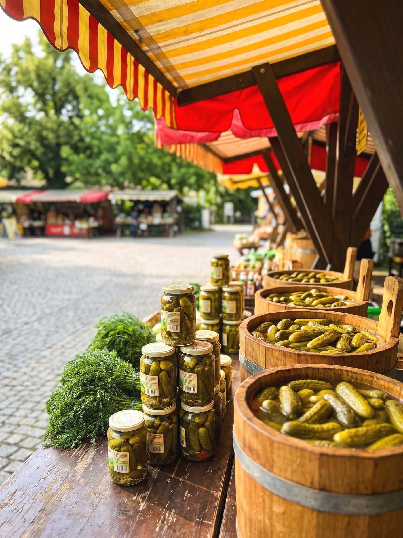 Spreewaldgurken in Holzfässern und Einmachgläsern an einem Marktstand